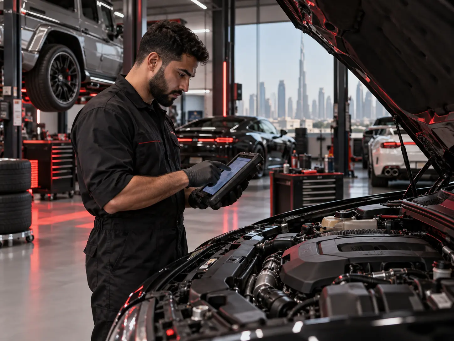 Mechanic carrying out a vehicle diagnostic inspection
